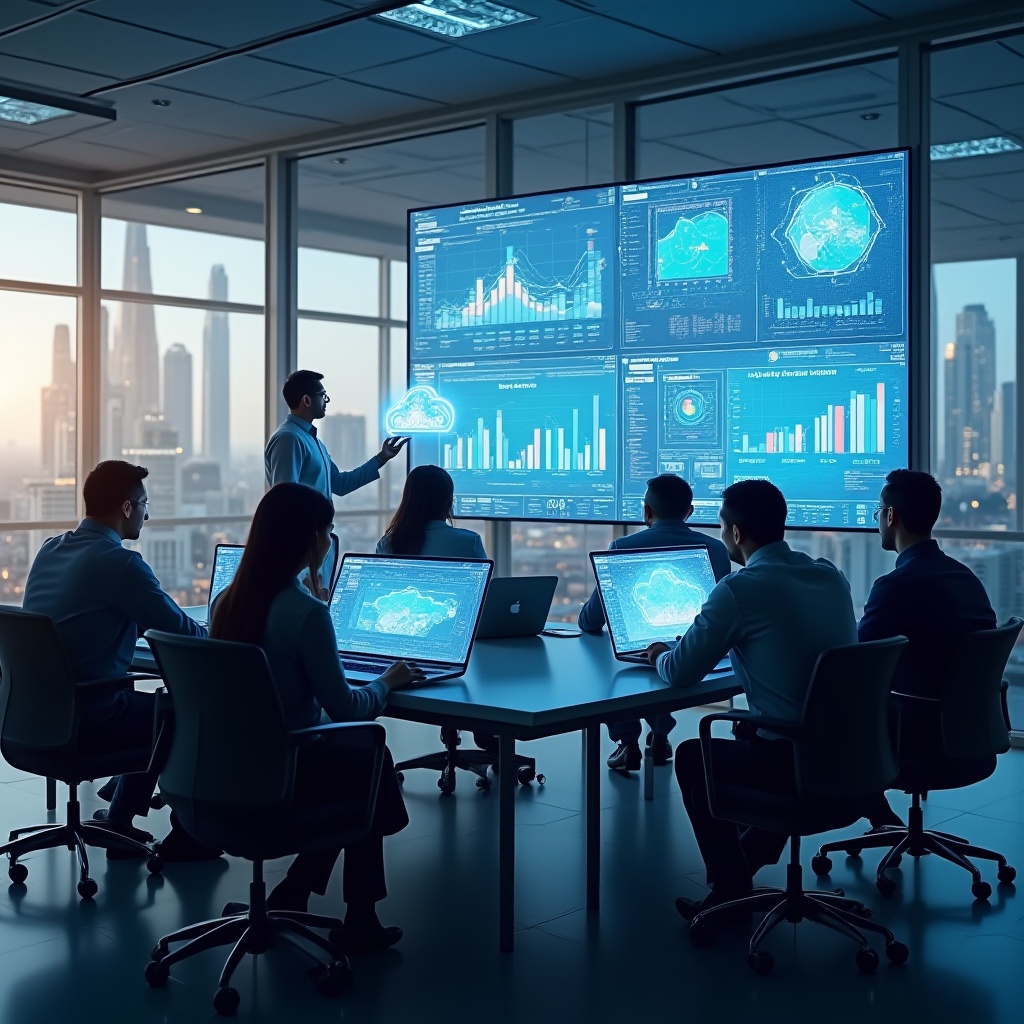 Team of professionals in Qatar using cloud-based dashboards and digital tools for business intelligence, cybersecurity, and digital transformation.