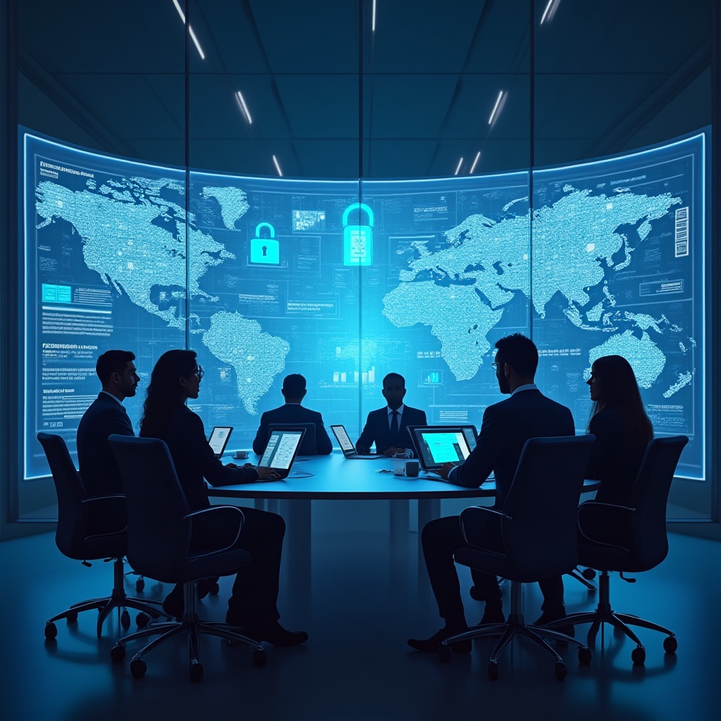 Business professionals analyzing data on digital dashboards with cloud and cybersecurity icons representing digital transformation, IT consulting, and business intelligence solutions in Qatar.