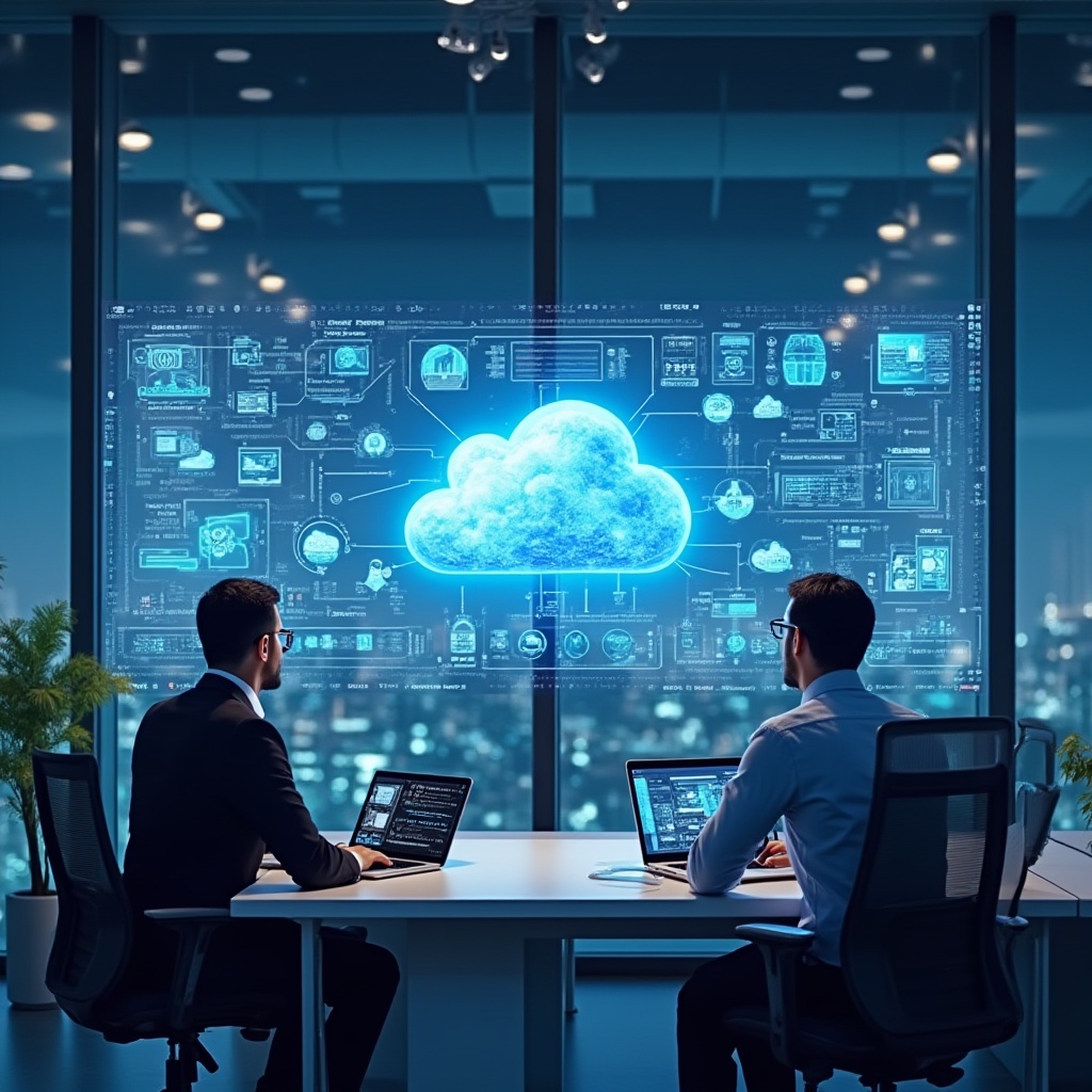 Business team in Qatar analyzing digital dashboards with cloud, cybersecurity, and business intelligence icons representing IT consulting and technology innovation.