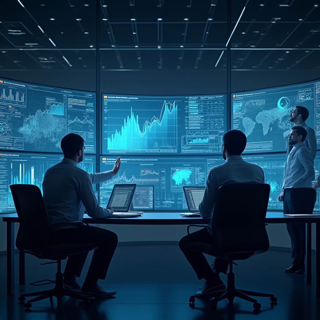 Professionals in Qatar using digital tools and cloud technology to implement business intelligence, cybersecurity, and digital transformation strategies.