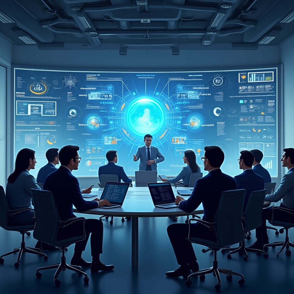 Digital transformation concept in Qatar showing IT consulting, cloud migration, cybersecurity, and business intelligence tools on a futuristic screen.