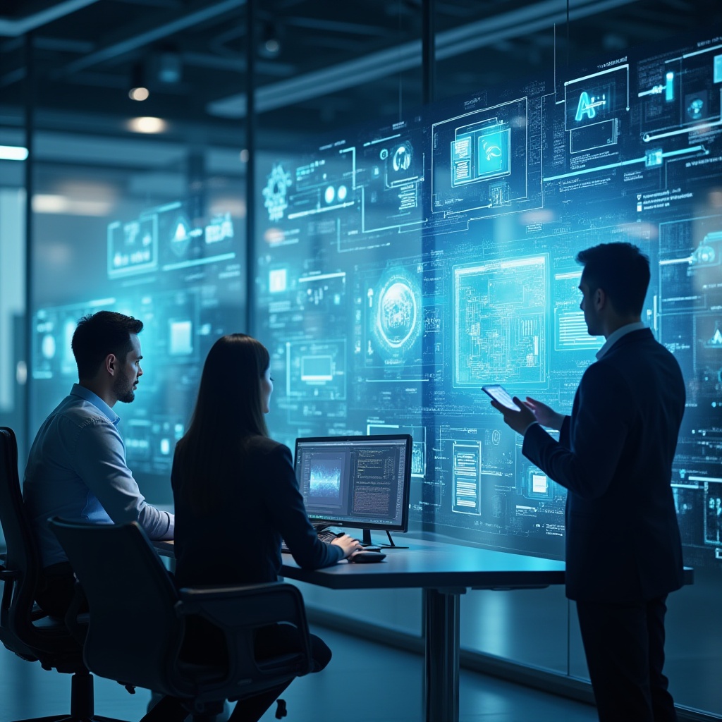 Corporate team in Qatar working on digital dashboards showing cloud computing, cybersecurity, and IT consulting icons for business transformation.